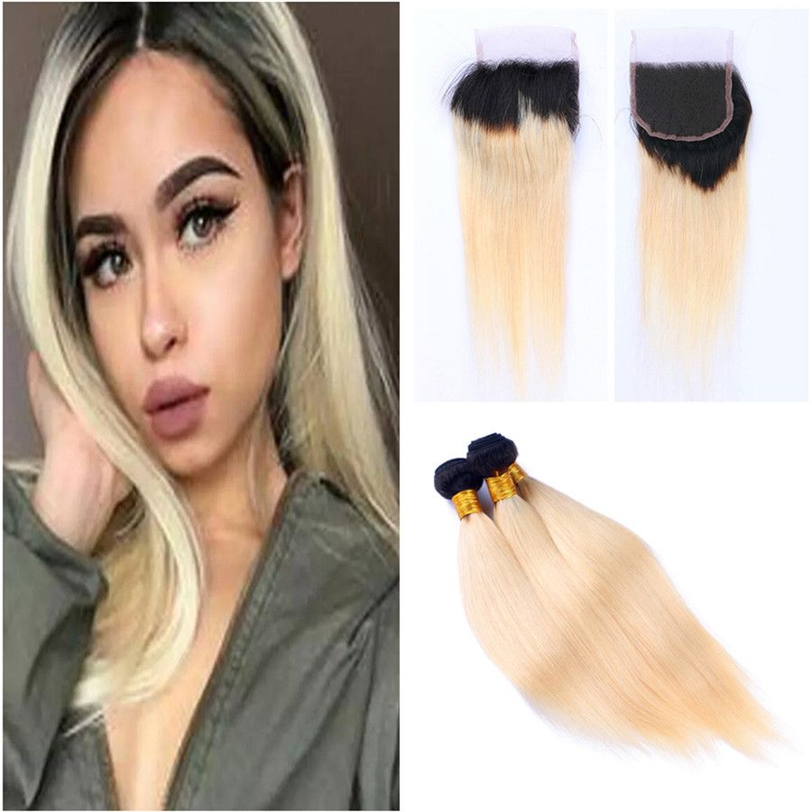 2019 Dark Roots Blonde Ombre Straight Human Hair Bundles With Lace