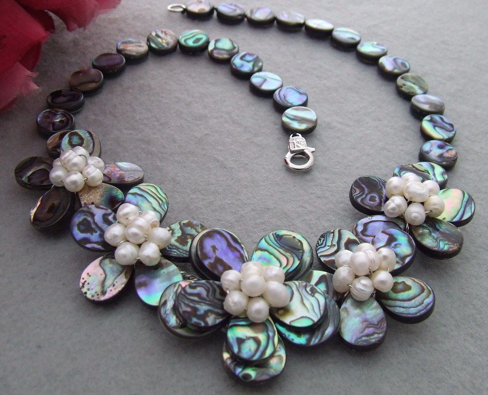 FC042105 19/" Natural Pearl Paua Abalone Shell Necklace