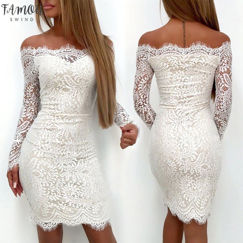 Compre 2020 Sexy Mulheres Branco Vestido De Renda Senhoras Elegantes Off Shoulder Mulheres Do Summer Long Sleeve Festa Vestido Justo Vestidos De Your07, $72,41 | Pt.Dhgate.Com