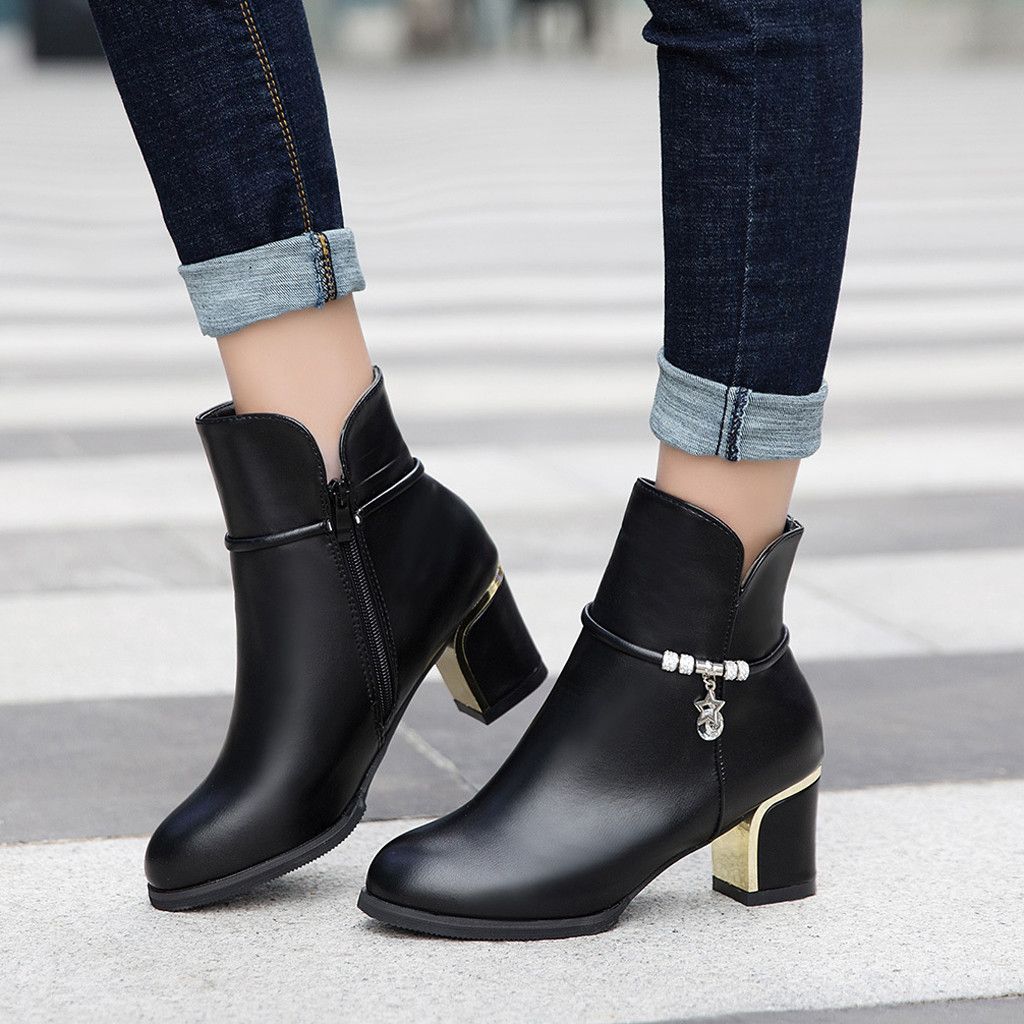 Women Shoes Square Heel Solid Ankle Boots For Women Basic Black Booties ...