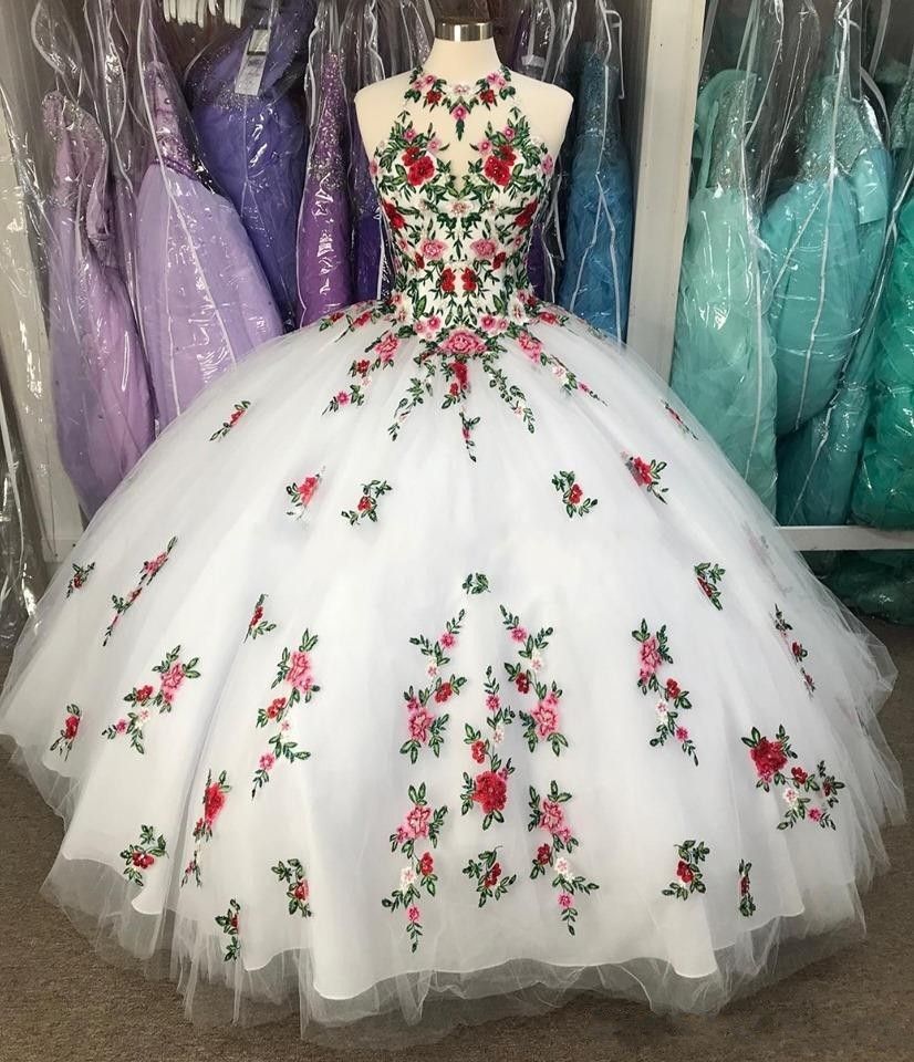 Vestidos fabulosos 15 Anos Blanca balón vestido de quinceañera vestidos de flores 3D bordado Sheer cuello Vestidos fabulosos 15 Anos Blanca balón vestido de quinceañera vestidos de flores 3D bordado Sheer cuello