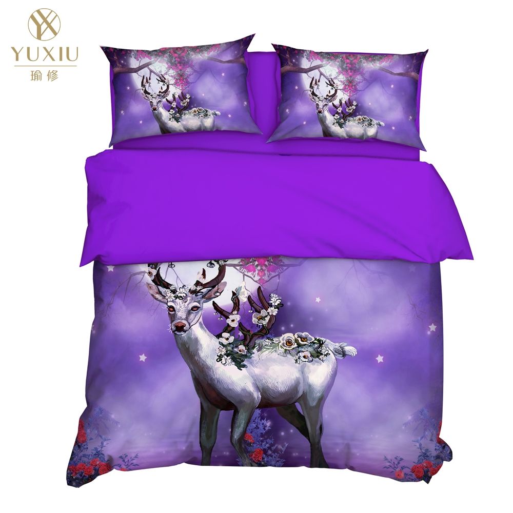 Yuxiu 3d Printing Animal Elk Purple Duvet Covers Black Bedding Set