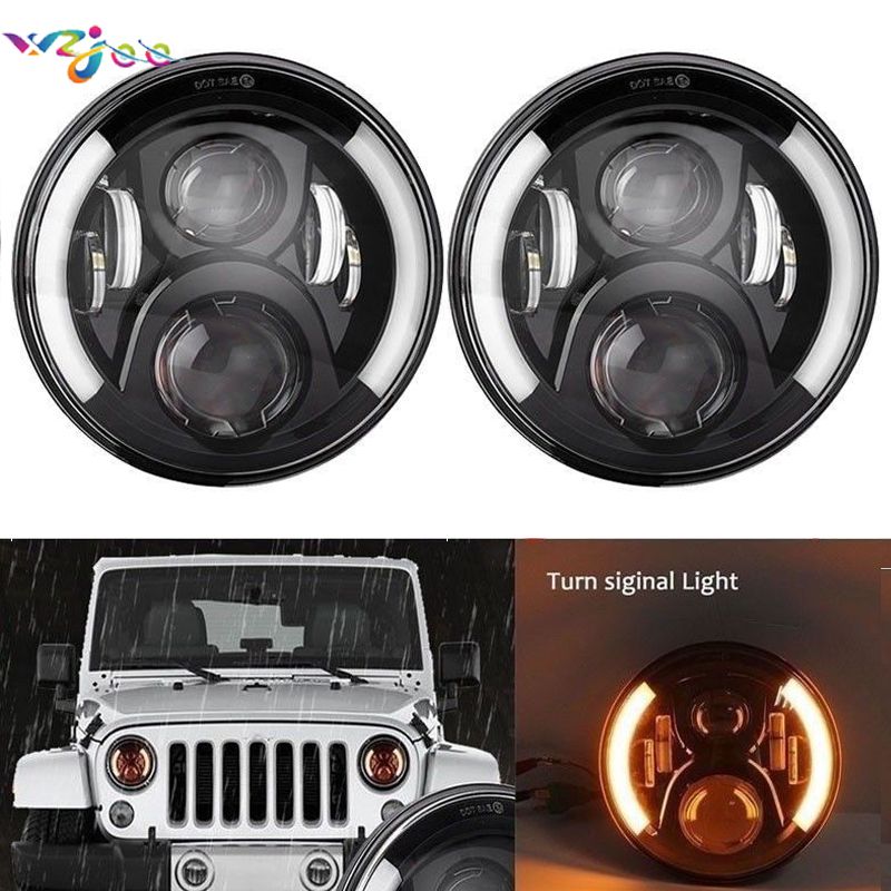Pair 7" LED H4 H13 Headlights With Angel Eye For Jeep Wrangler Lada 4x4 50W/30W