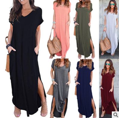 women's casual loose pocket long dress short sleeve split maxi dresses