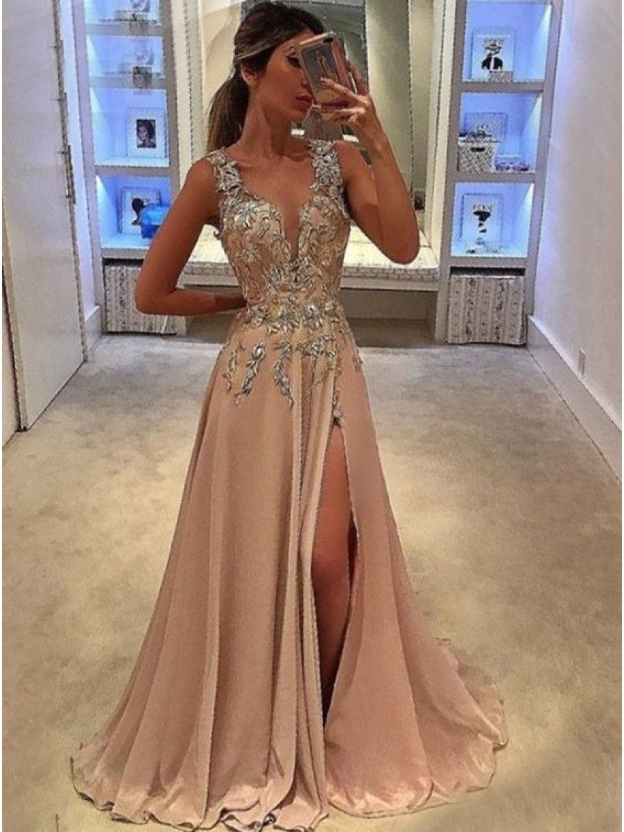 Blush Pink Chiffon Long Prom Dresses 