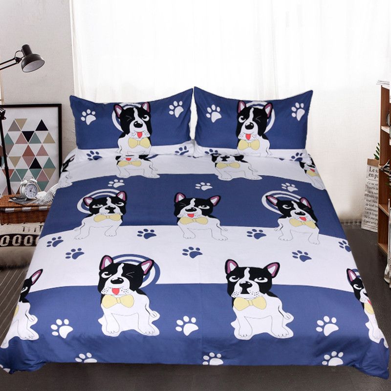 Dog Footprint Bedding Set Happy Bow Bull Dog Print Duvet Cover