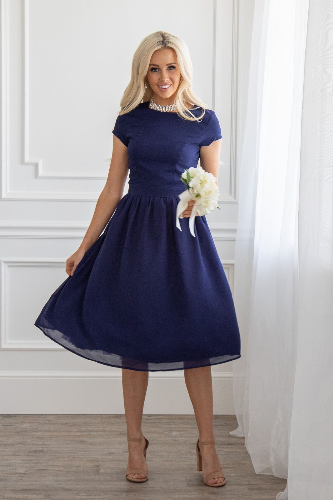 2019 New Navy Blue Chiffon Short Modest Bridesmaid Dresses With Cap ...