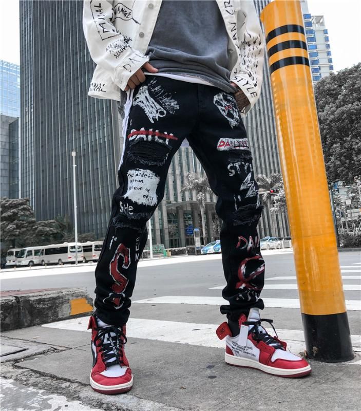 Mens Jeans Mens Graffiti Graphic Print 