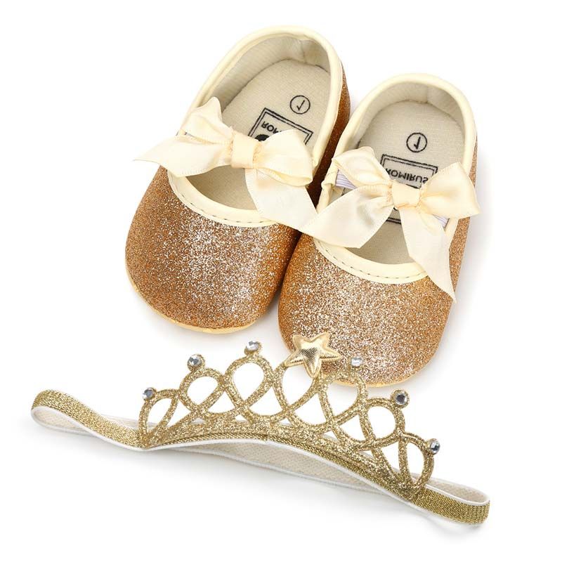Nuevo arco dorado de lentejuelas recién nacido zapatos de niña zapatos recién nacidos + Crown Headbands 2 unids / set zapatos bebés First Walker A1849
