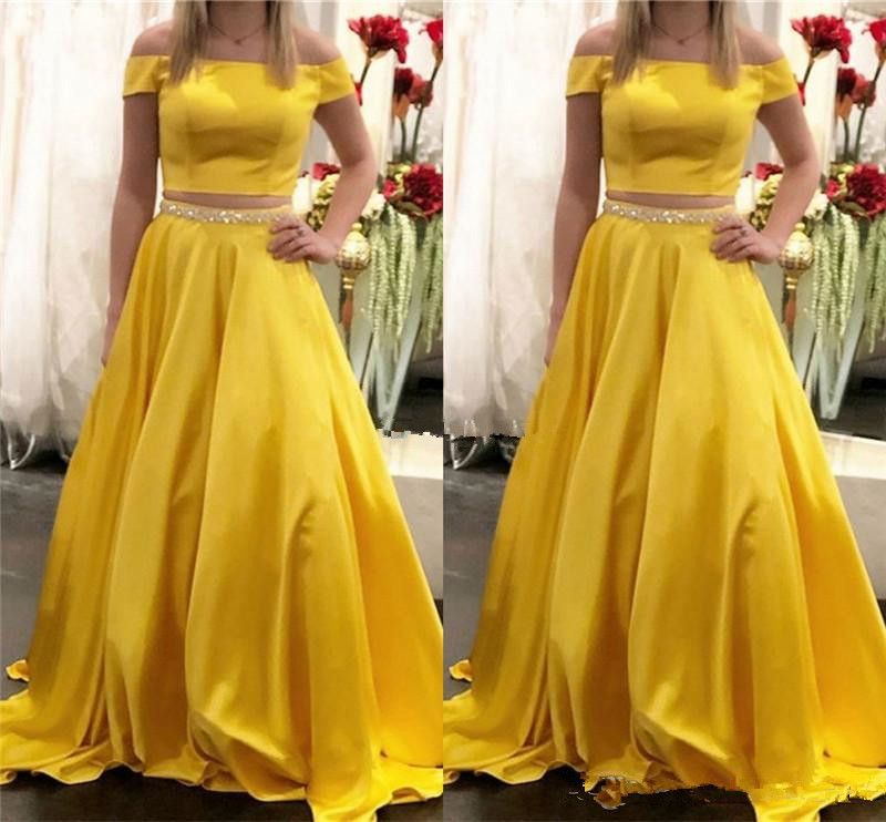 Amarillo Dos Piezas Vestidos fiesta fuera del hombro con cuentas una línea de partido formal de Amarillo Dos Piezas Vestidos fiesta fuera del hombro con cuentas una línea de partido formal de