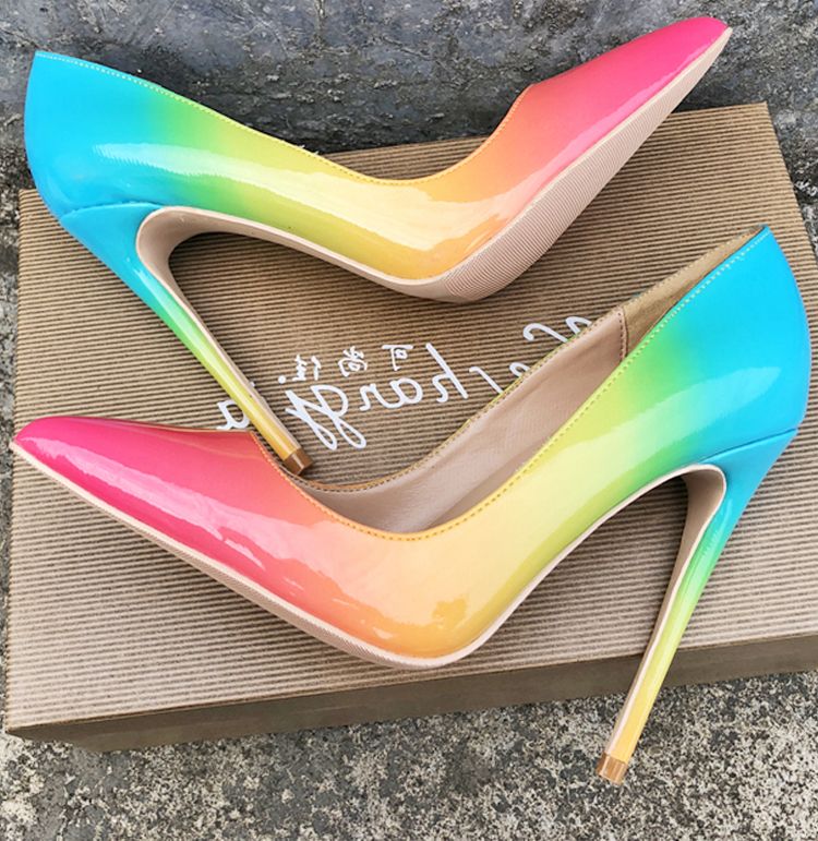 Fashion Women Pumps Rainbow High Heel Colorful Rainbow Printed Pointed