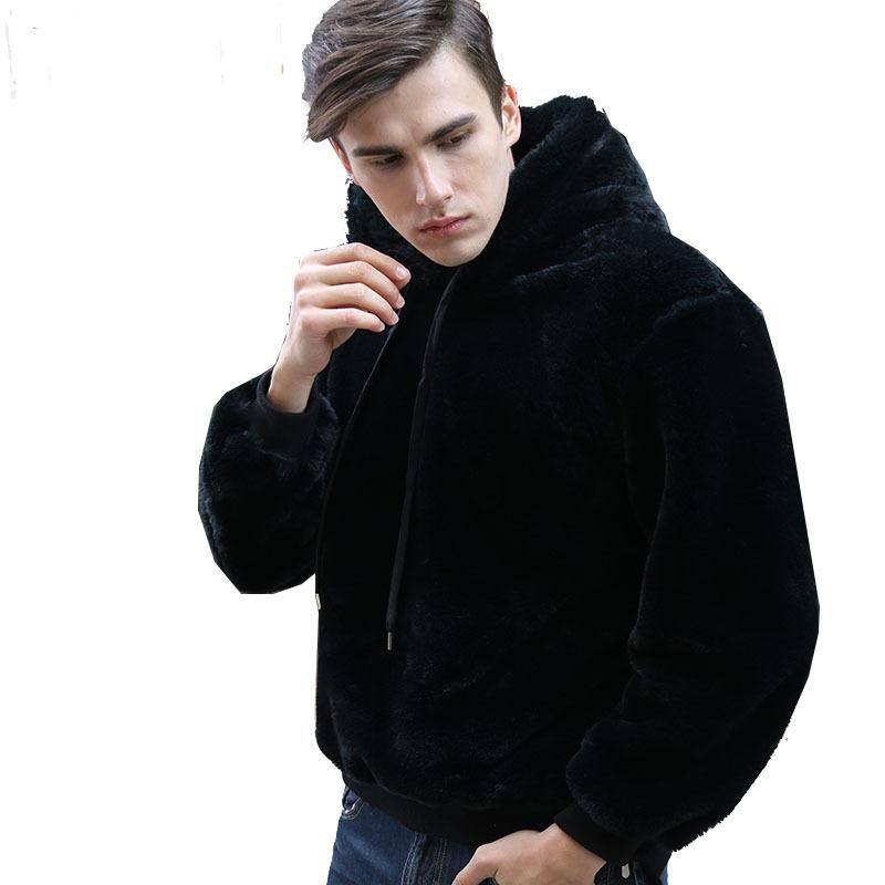 Mens Casual Fluffy Hoodie Long Sleeve Faux Shearling Hooded Sweater Winter Coat