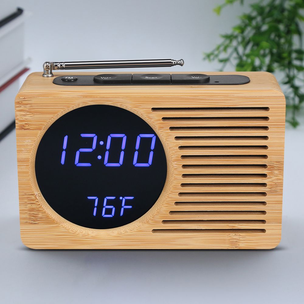 2021 LED Bamboo Digital FM Radio Alarm Clock 12h/24h Adjustable Light Desk Watch Timer USB Cable