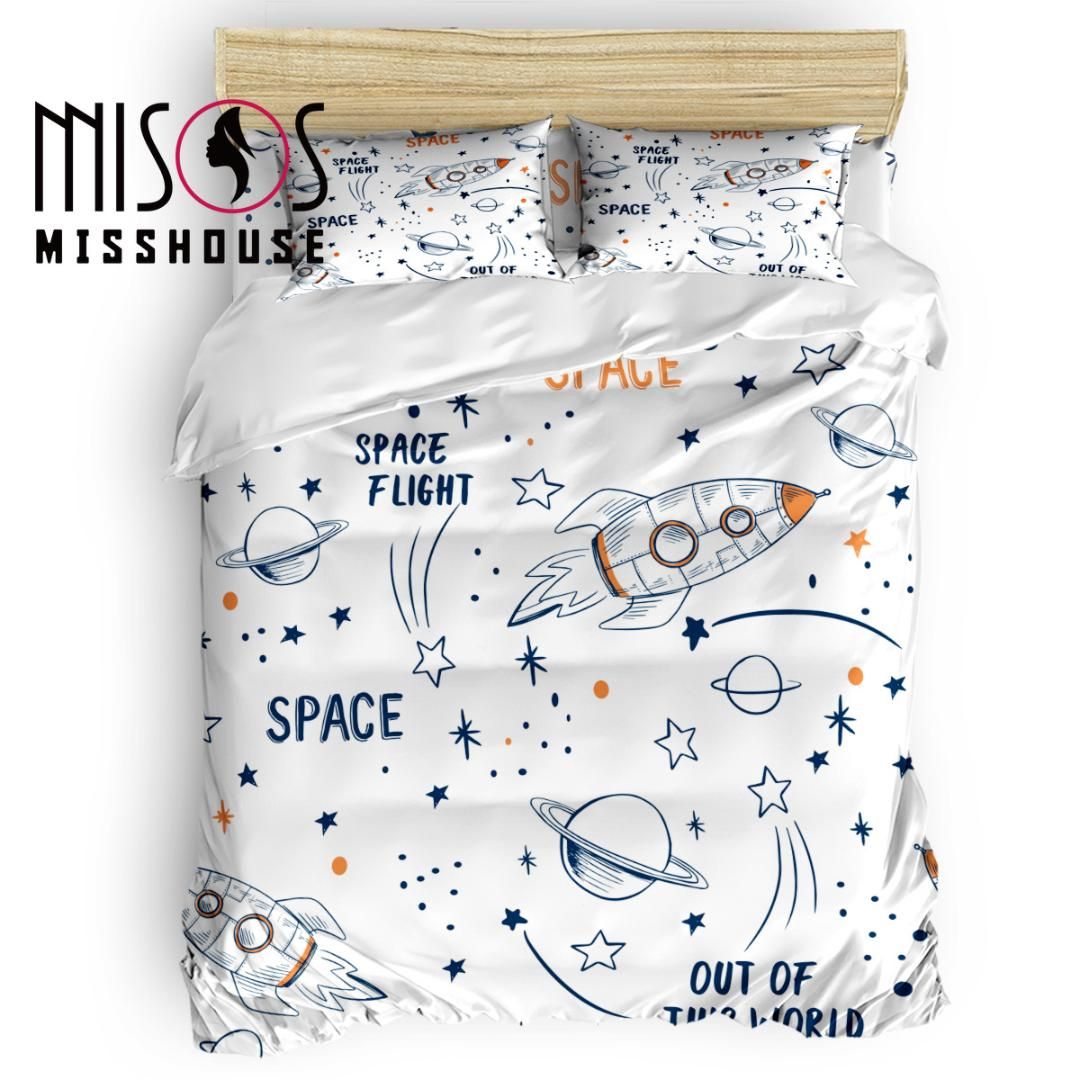 Misshouse Rocket Flying Cartoon Children Duvet Cover Set Bed