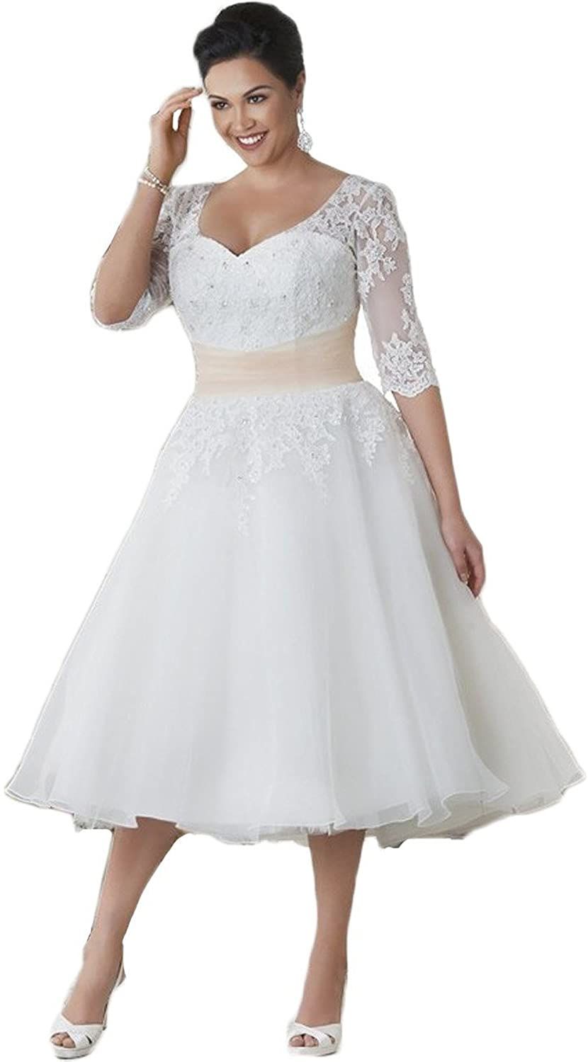 Lorderqueen V Neck Short Lace Ball Gown Wedding Dress Beaded Bridal Gowns 