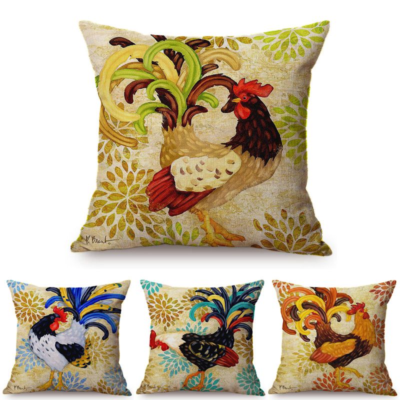 Colorful Cock Oil Painting Art Chicken Rooster Throw Pillow Cover