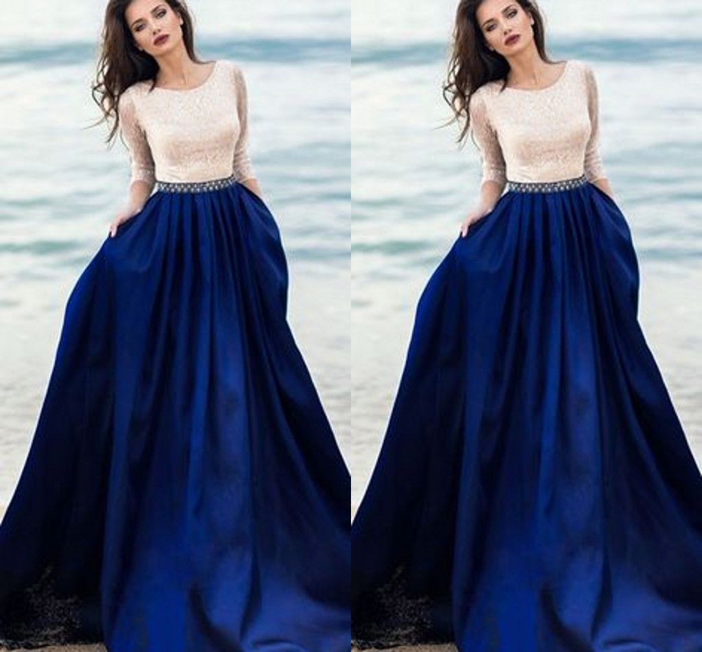 2021 Vintage Royal Blue Long Evening Bridesmaid Dresses With Pockets