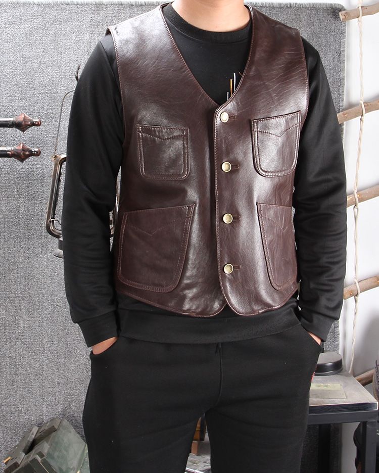 Compra Estilo Vintage Para Hombre Del Cuero Auténtico Chaleco De Piel  Chaleco Real Sin Mangas De Cuero De Vaca Japonesa Bikers Chaqueta Corta  Primavera Slim Fit Brown Barato | Entrega Rápida Y