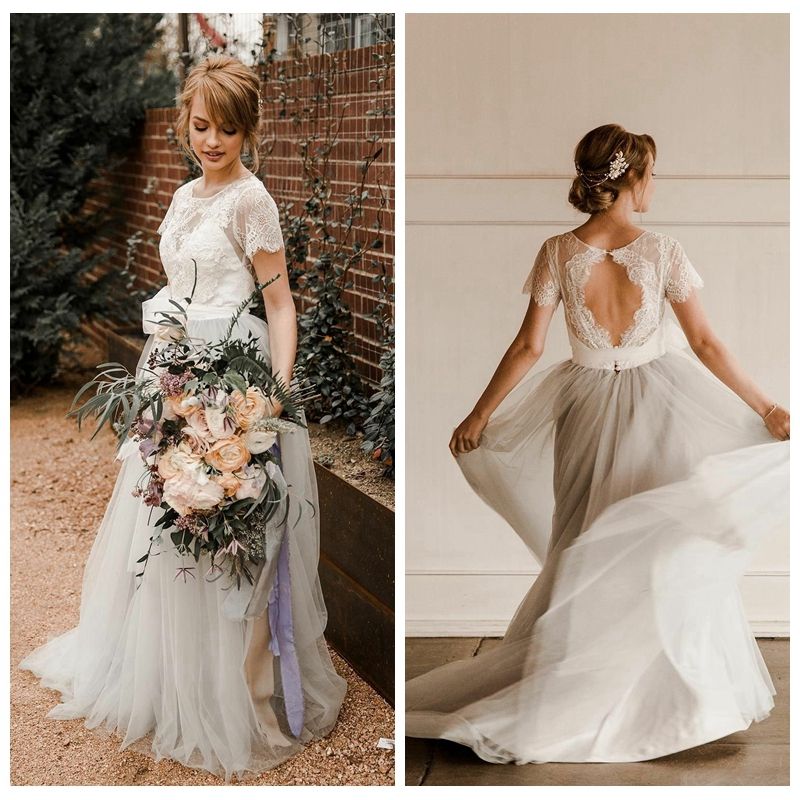 Compra Romántica De Dos Tonos Vestido De Novia De Manga Corta De Encaje De  Tul De Boho Vestidos De Novia A Line Con Hollow Volver Vestidos Nupciales  Del Partido Barato | Entrega