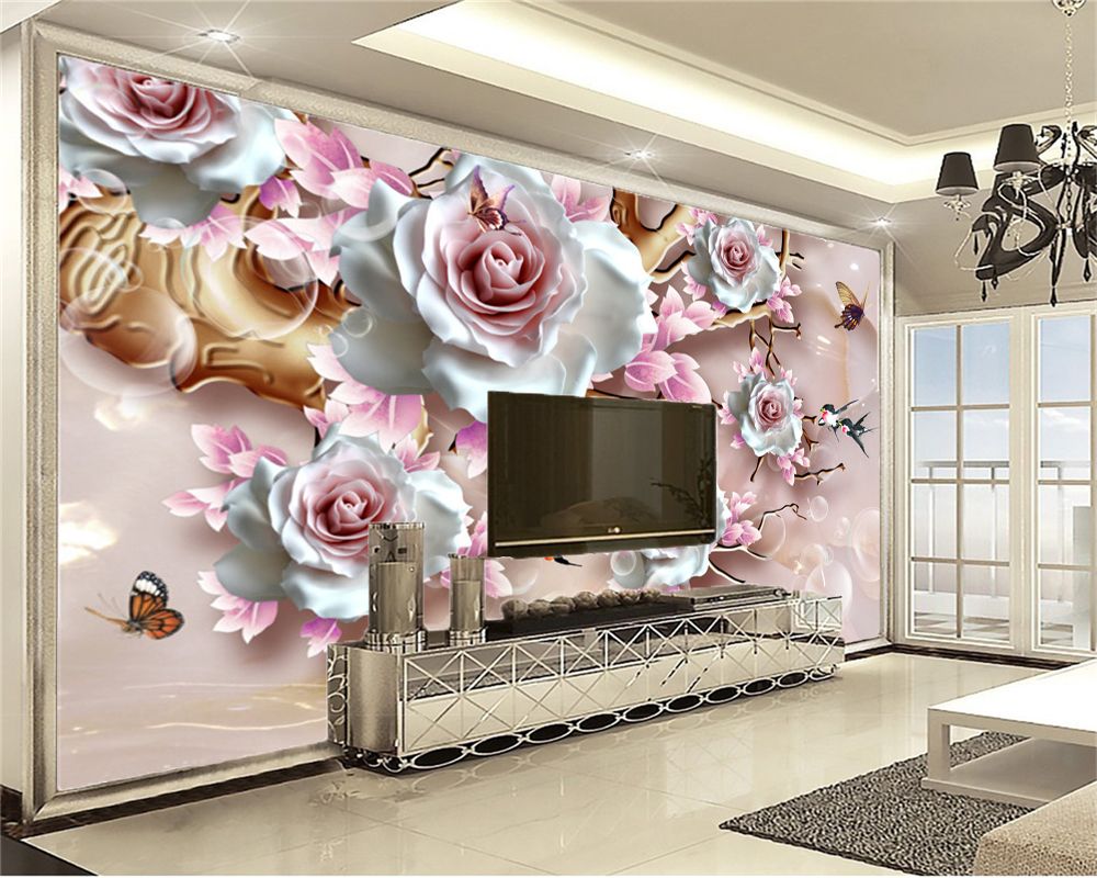 Custom 3d Flower Wallpaper HD Relief Delicate Flowers Colorful Butterfly  Beautiful Romantic Interior Decoration Wallpaper