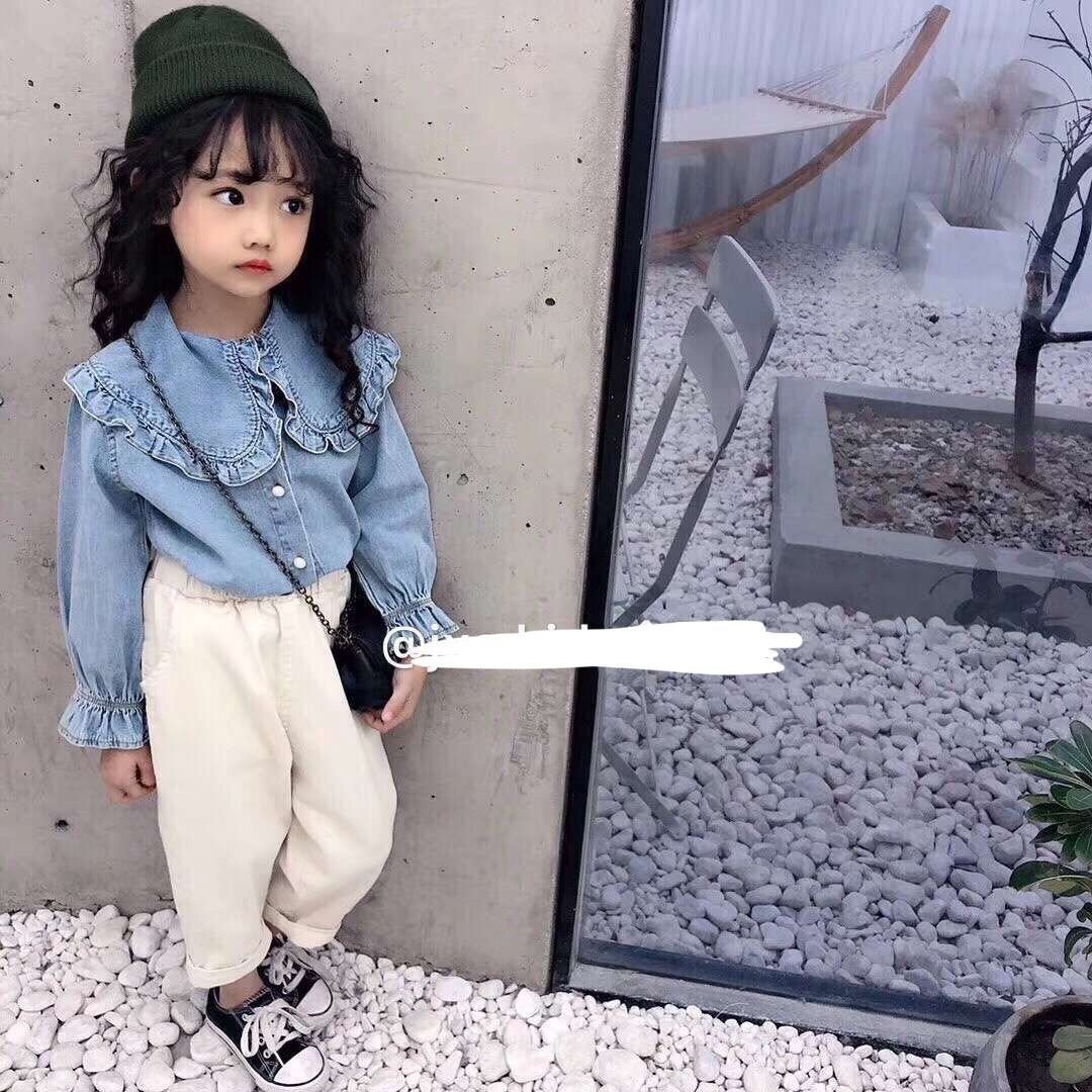 Camisa mezclilla para niñas de moda niños, falbala, manga acampanada, blusa de vaquero