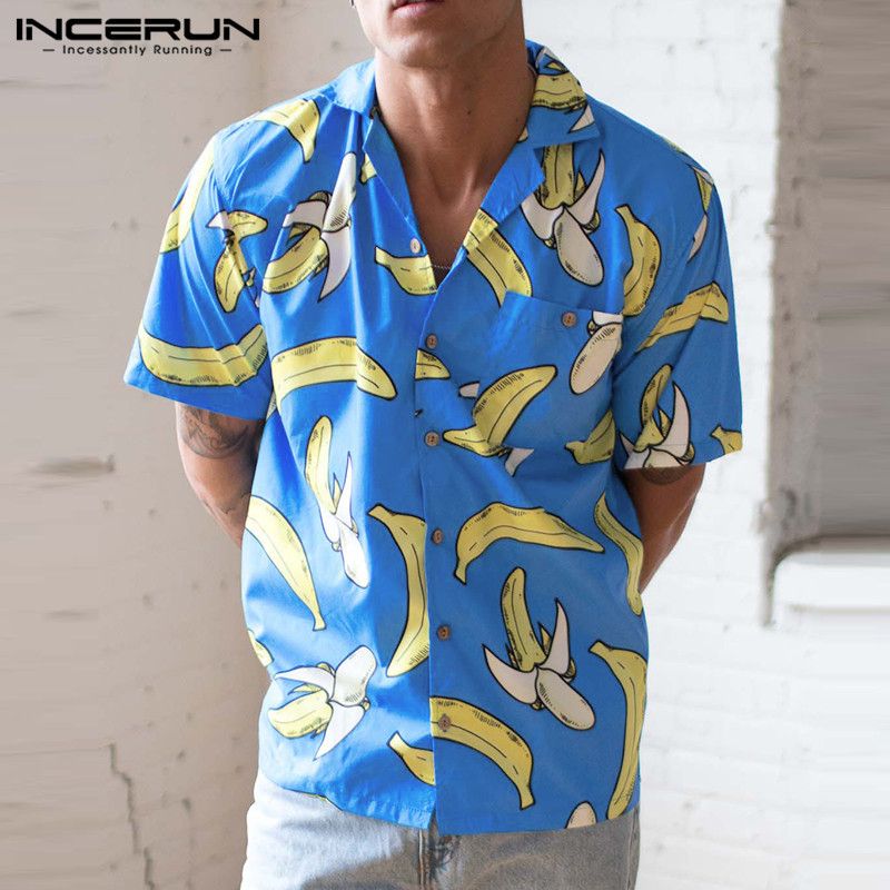 YYear Men Beach Lapel Neck Slim Short Sleeve Printed Summer Button Down Shirt
