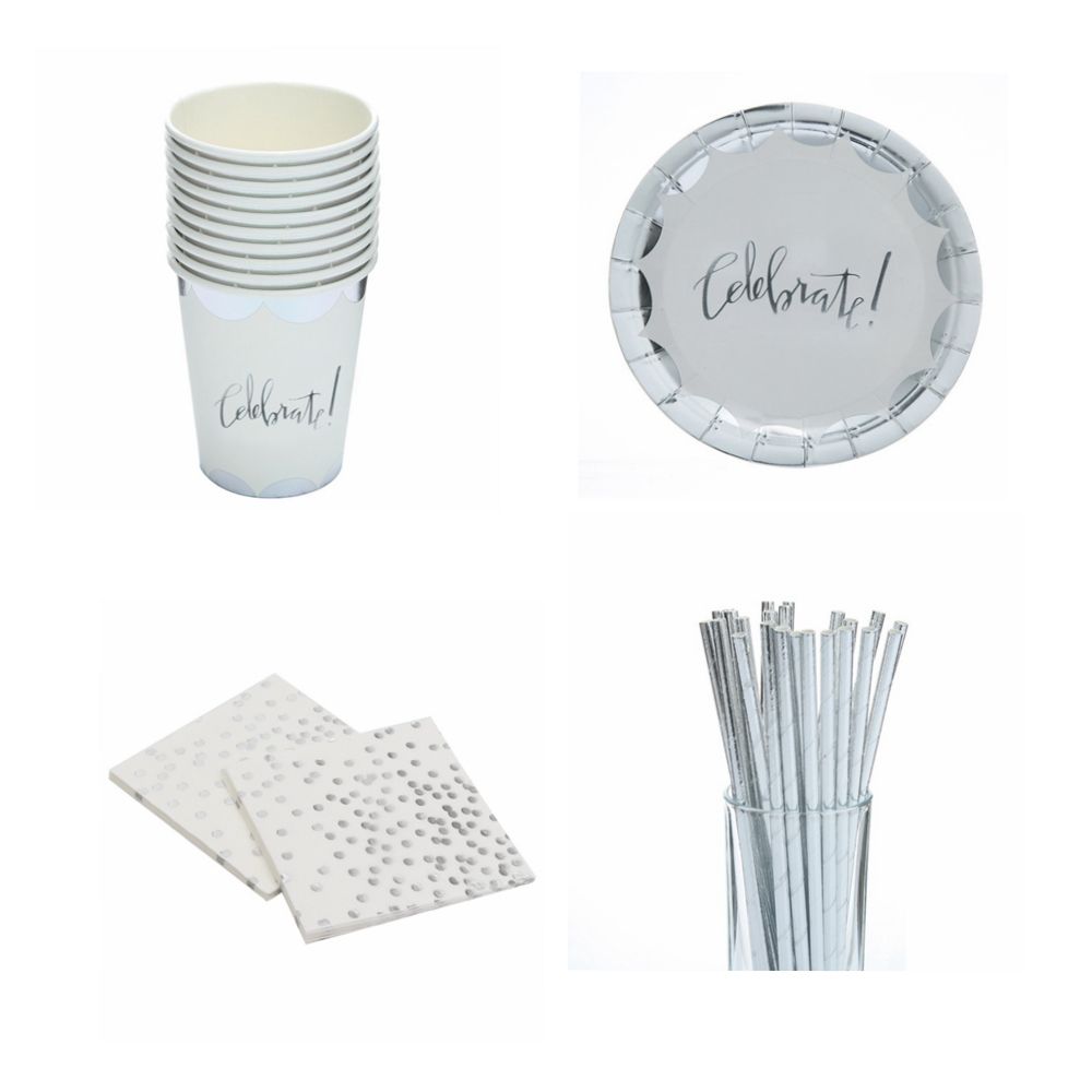 Silver Celebrate Foil Disposable Tableware Set Paper Cup Plate