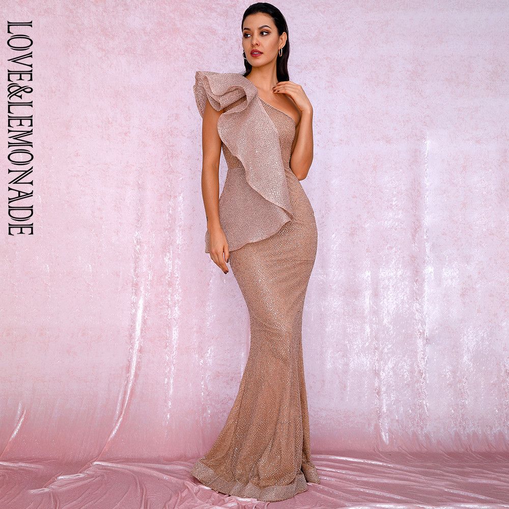 one shoulder rose gold dress