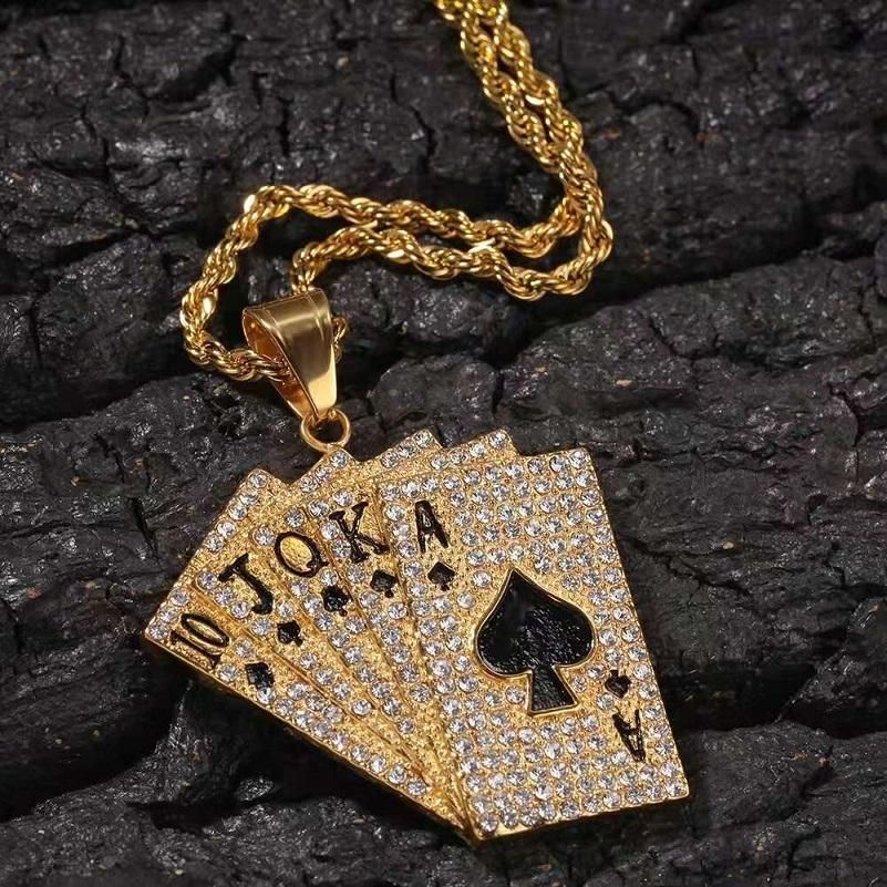 Gold Plated Playing Cards Pendant Necklace Stainless Steel Poker Jewelry  For Men