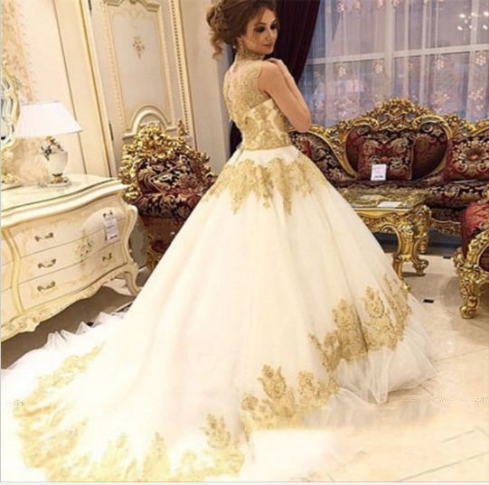 Sparkly Gold Lace Wedding Dresses Princess Ball Gown High ...