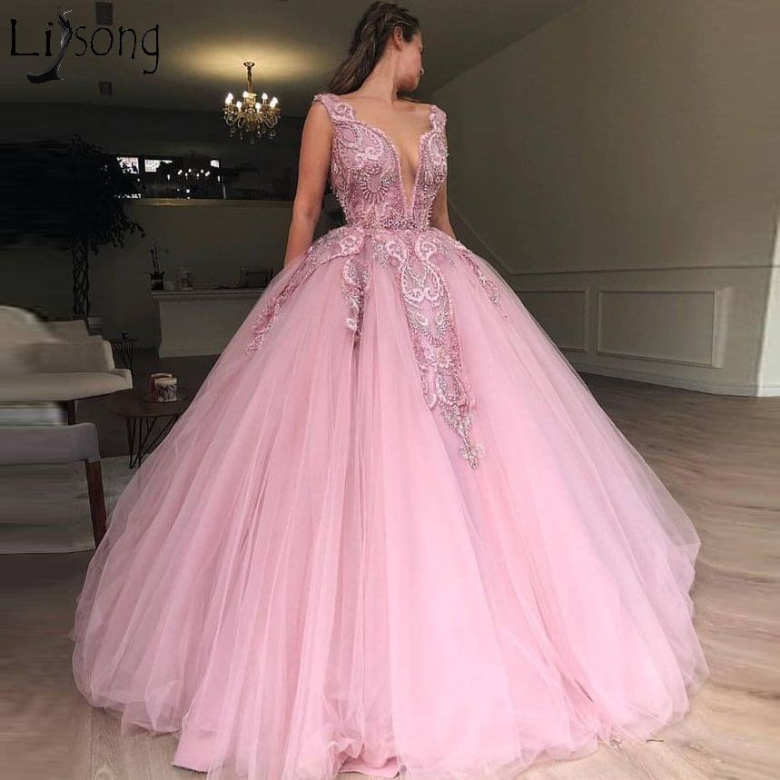 Acquista 2019 Ultimi Abiti Da Ballo In Tulle Rosa Abiti Da Sera Scollo A V  Abiti Da Fidanzamento Con Perline Pesanti Vestito Da Cerimonia Con Red  Carpet Abiti Da Sera Eleganti A