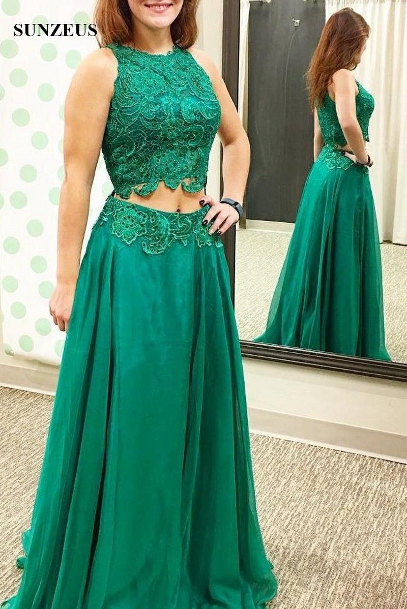 Sexy de dos vestido de fiesta verde esmeralda con encaje gasa falda de
