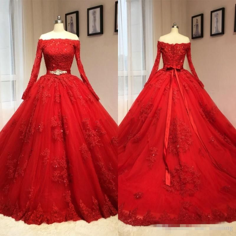 Discount Dubai Red Vintage Long Sleeves Lace Ball Gown Wedding