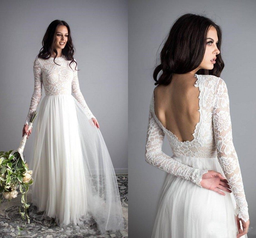 Boho Beach A Line Lace Tulle Long Sleeves Backless Wedding Dresses Bridal Gowns