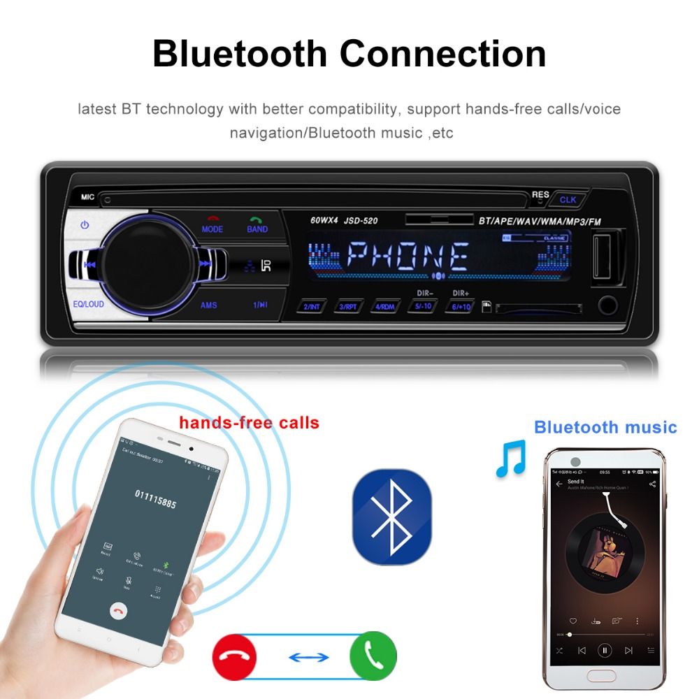 Compre AutoRadio JSD 520 Auto Estéreo 1 Din Rádio 12V Bluetooth V2.0 FM AUX  Entrada Receptor Audio Audio SD USB MP3 MP3 MMC WMA JSD 520 Barato |  Entrega Rápida E Qualidade | Pt.Dhgate