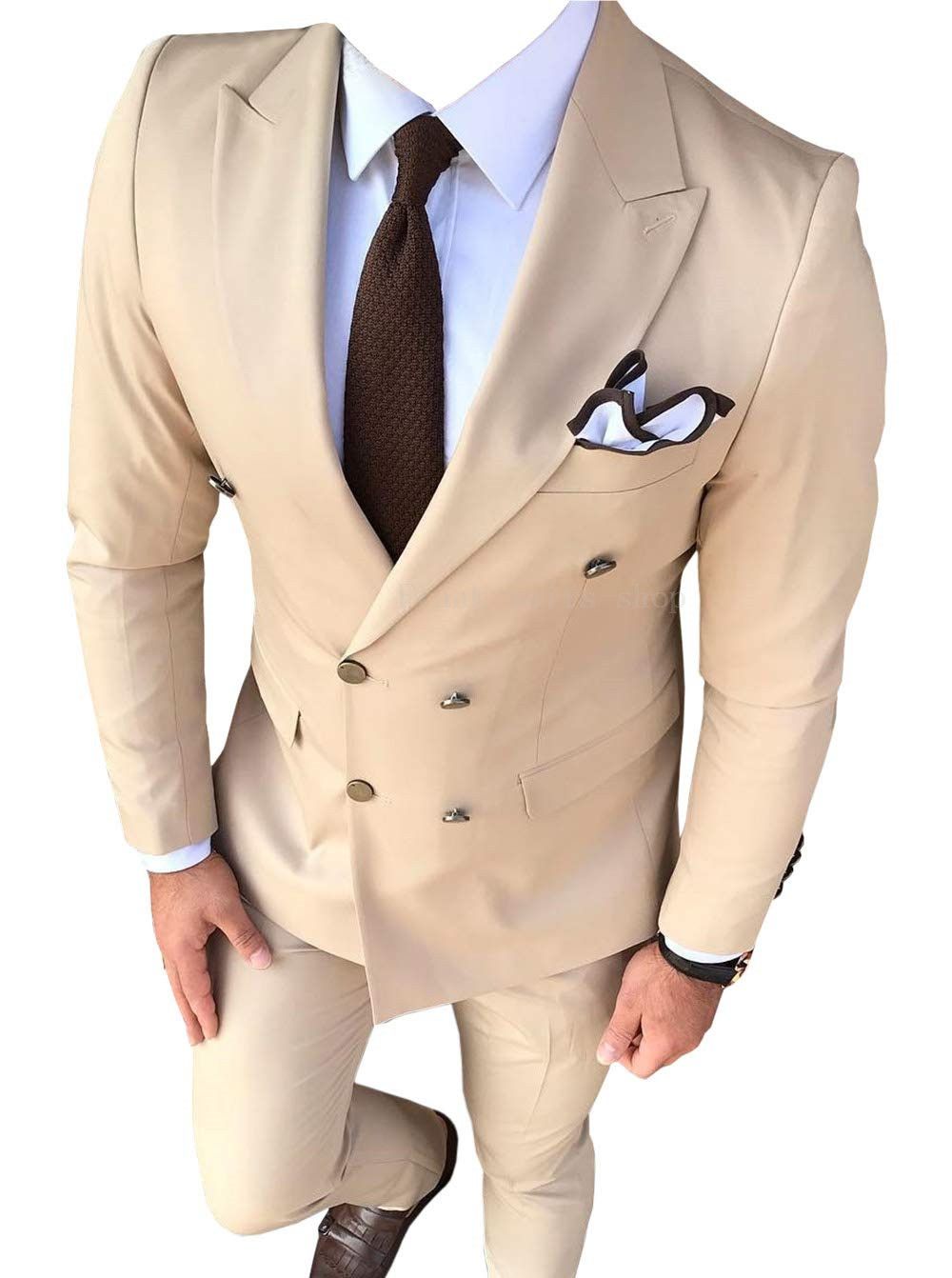 Double Breasted Blue/Beige/Wine/Grey/Red Groom Tuxedos Peak Lapel Men