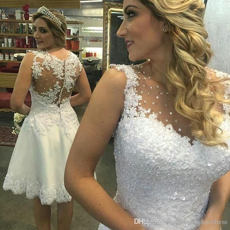 Compra Vestidos De Novia Elegantes Y Elegantes De Encaje Corto Blanco  Elegante Una Línea De Apliques Sin Mangas De Verano Vestido De Novia Con  Cuentas Vestidos De Novia Cortos Barato | Entrega