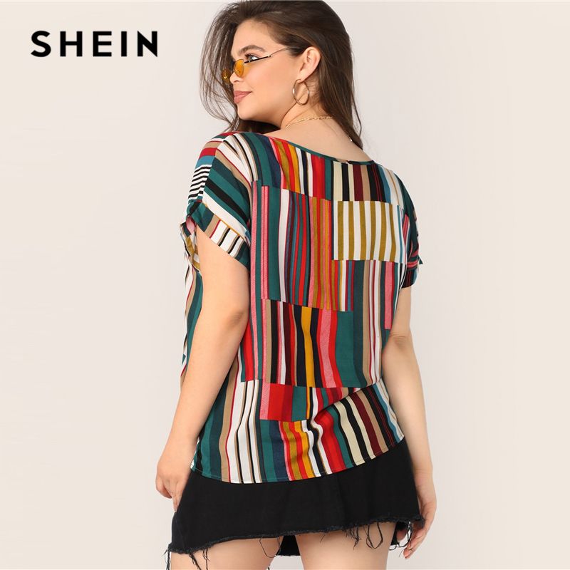Compra SHEIN Plus Tamaño Multicolor Colorido Rayas Top Blusa 2019 Mujeres  Verano Casual Manga Corta Cuello Redondo Tamaño Grande Barato | Entrega  Rápida Y Calidad | Es.Dhgate