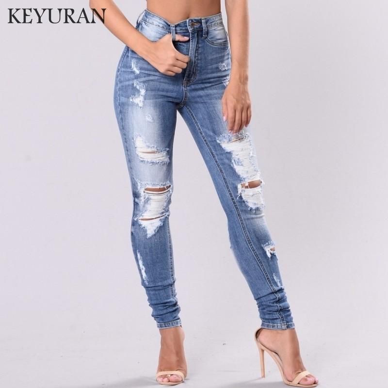 Summer Women Denim High-Waist Ripped Stretchy Hole Pencil Pants Jeans Trousers