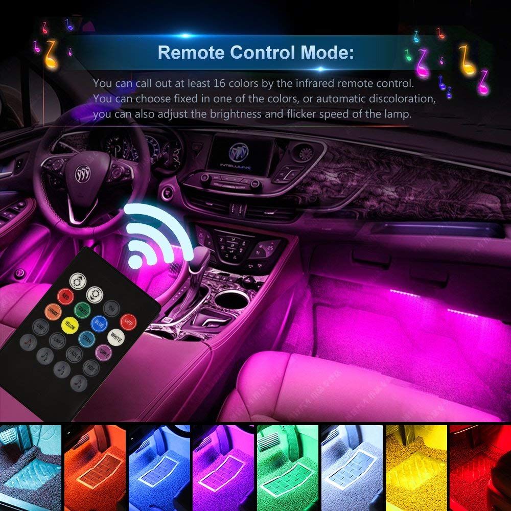 Multi DIY Color Underdash with Music Sound Active Function Free Car Charger DC 12V 4pcs 48 LED Light Strips APP Controller Waterproof Car Atmosphere Footwall Lighting Kits Interior Car Lights 