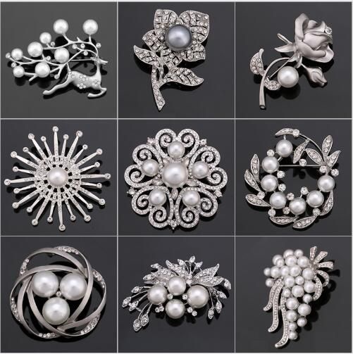 Nuevo 2,8 /"Grande Plata Flor Hojas Broche alfiler Perlas de Imitación Diamante Cristal Boda