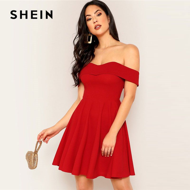 Compra SheIn Red FoldOver Frente Apagado Hombro Fit Y Flare Vestido Sólido  Summer Mujer Noche Out Ladies Vestidos De Fiesta Corta Barato | Entrega  Rápida Y Calidad | DHgate Spain \u0026 Mexico