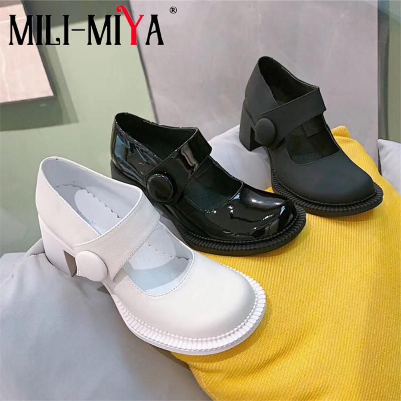 Compre O Melhor E O Mais Recente Gênero Sapatos De Vestido Mili Miya Design  De Moda Mulheres Bombas De Couro De Vaca Redonda Cabeça Larga Saltos  Quadrados Cor Sólida Mary Janes Para