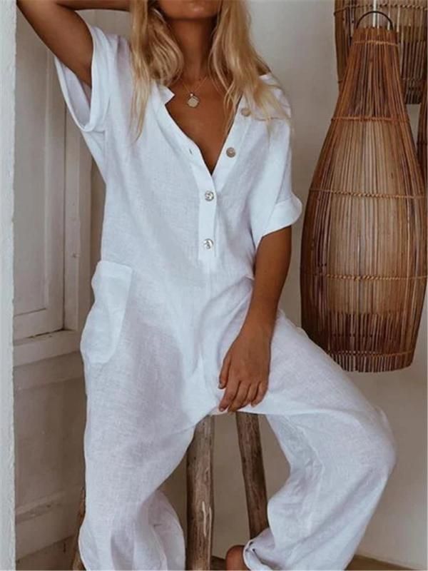 short sleeve button up jumpsuit