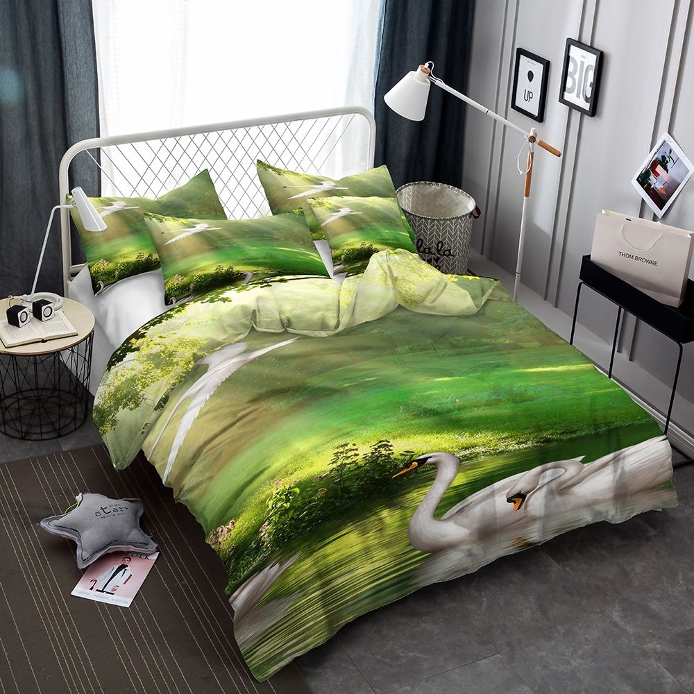 White Swans In Green Forest Pattern 3d Lifelike Bedding Set Print