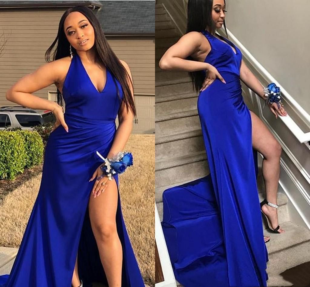 Compra Vestidos De Fiesta Azules 2019 Lado Dividido Profundo Escote En V Vestidos  De Noche Sin Espalda Tren Largo Vestidos De Noche Formales Para Mujeres  Gordas Más Talla Barato | Entrega Rápida