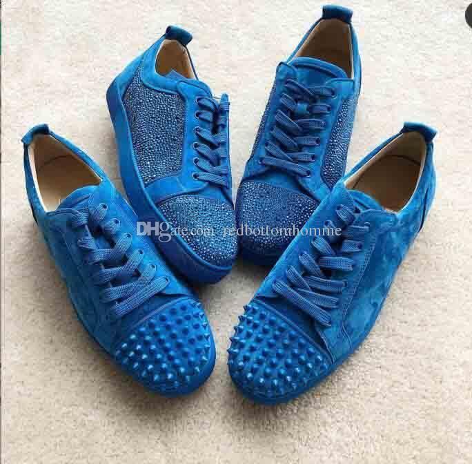 Red Bottom Men Shoes LOUIS SPIKES HIGH TOP BLUE SUEDE FLAT SNEAKERS -  AliExpress