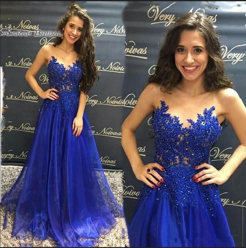 Royal Blue árabe vestidos baile 2019 fiesta graduación apliques de niñas Sheer