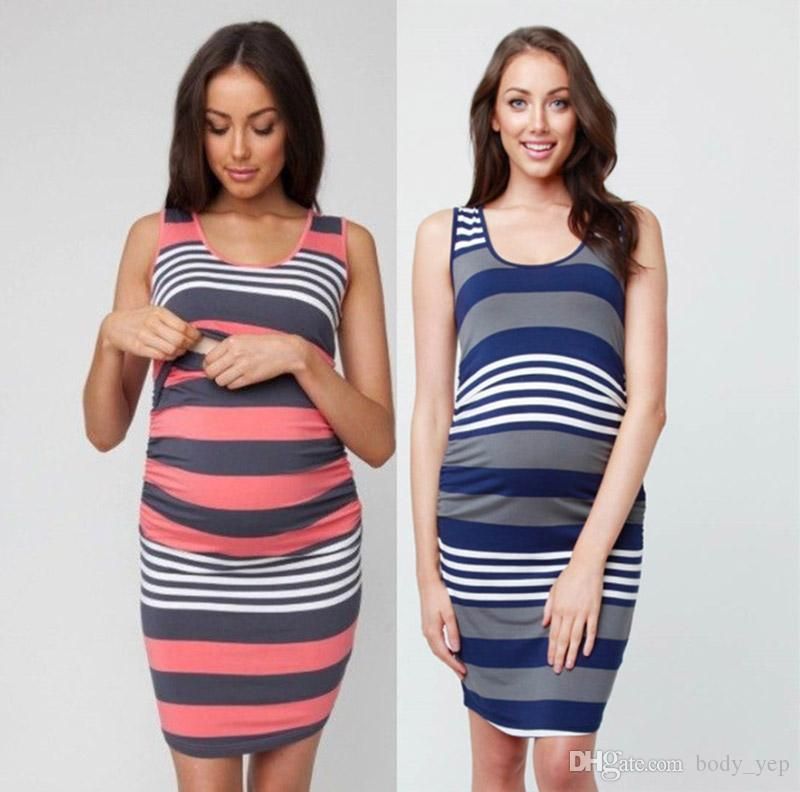Casual Maternity Nursing Dress with Stripe Womens Neck Round Clothing Maternity Dress Sleeveless Maternity Clothes Breastfeeding Night Dress Pregnant Summer Maxi Dress