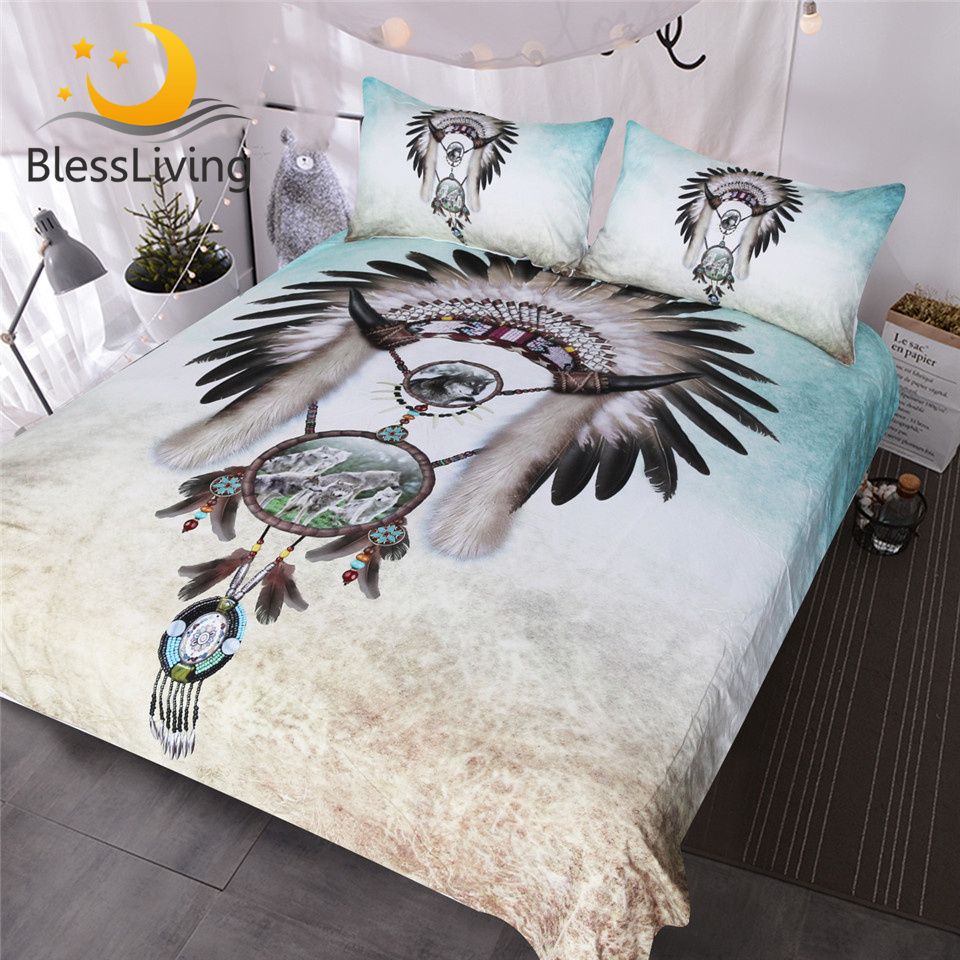Blessliving Wolf Dreamcatcher Bedding Set Feather Beads Boy